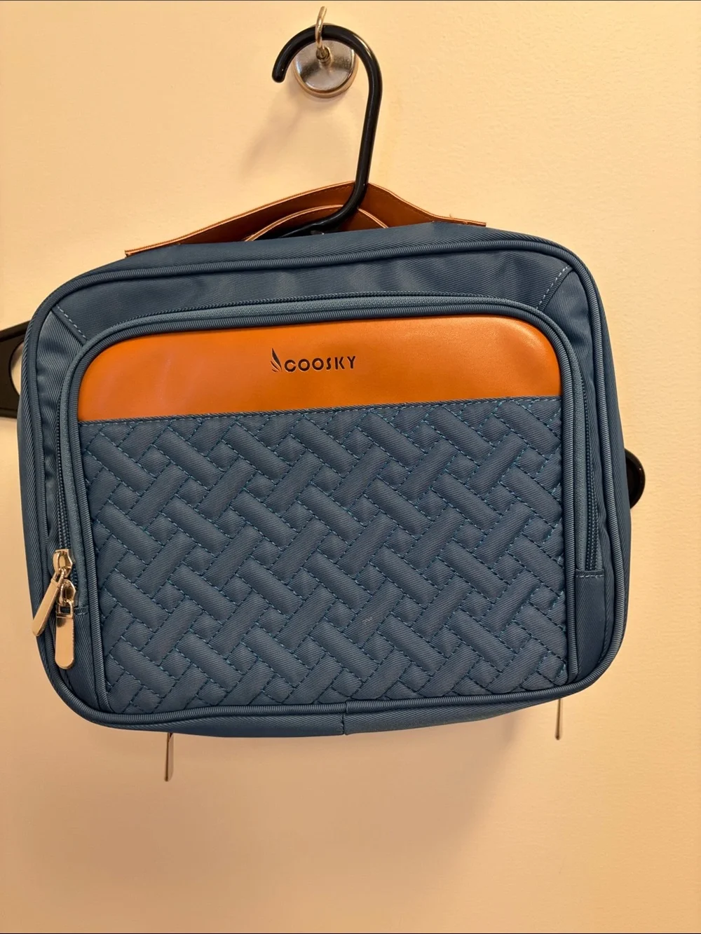 Blue and Tan Quilted Makeup Organizer Case